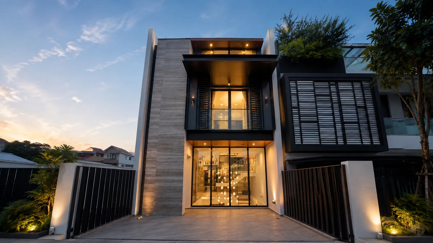 Contemporary inter-terrace residence at blue hour