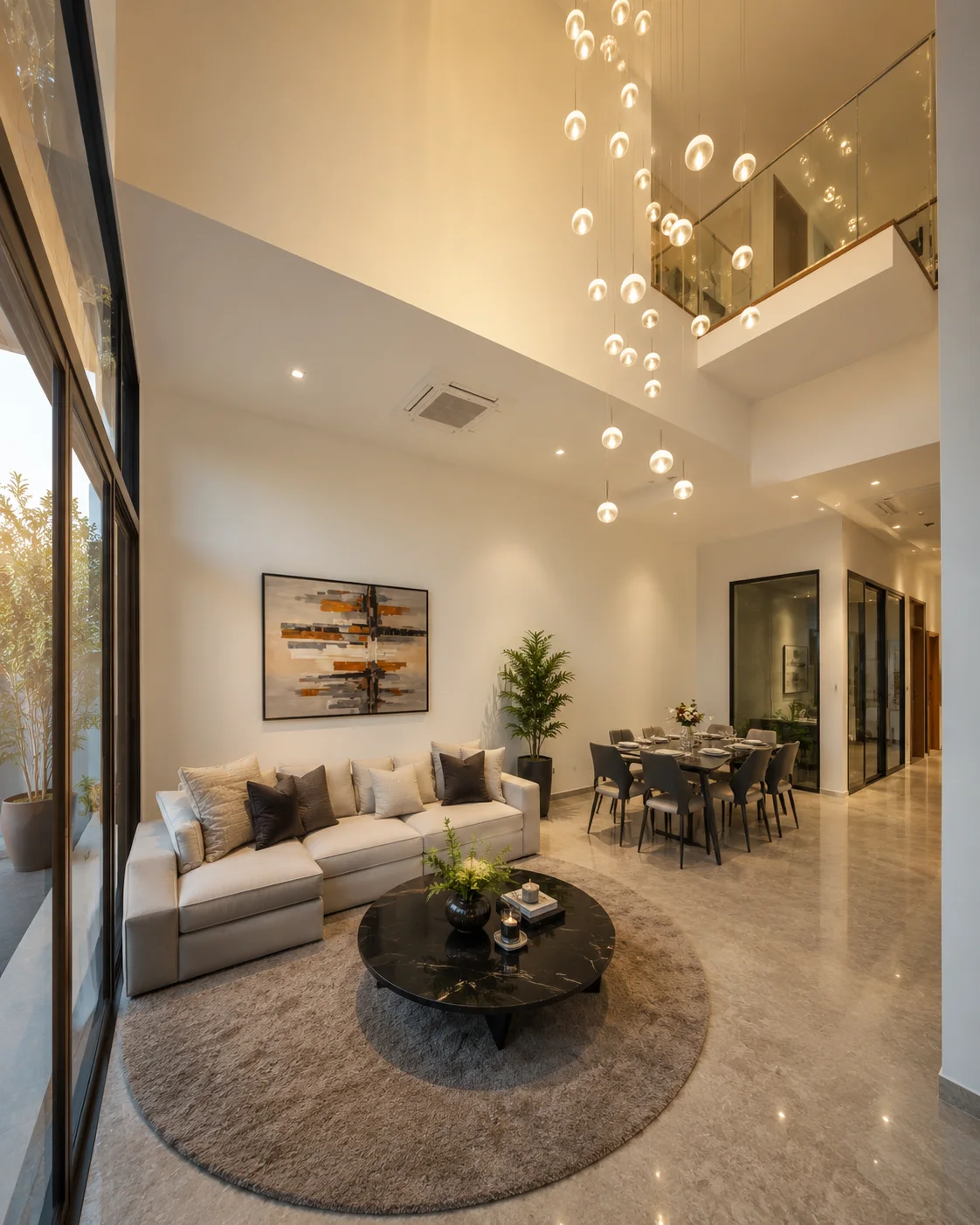 Double-height living and dining room