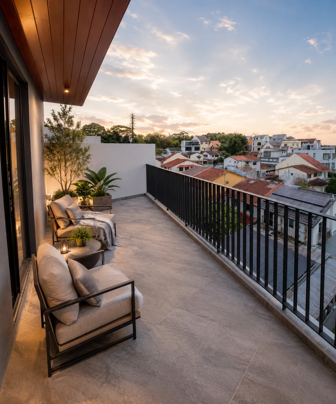 Open-air roof terrace at golden hour