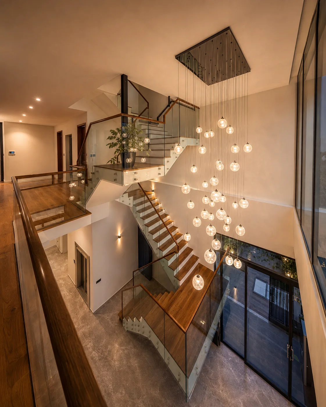 Staircase atrium with suspended chandelier